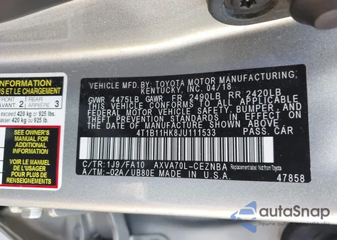 2018 Toyota Camry Le из США, поврежденный, VIN 4T1B11HK8JU111533